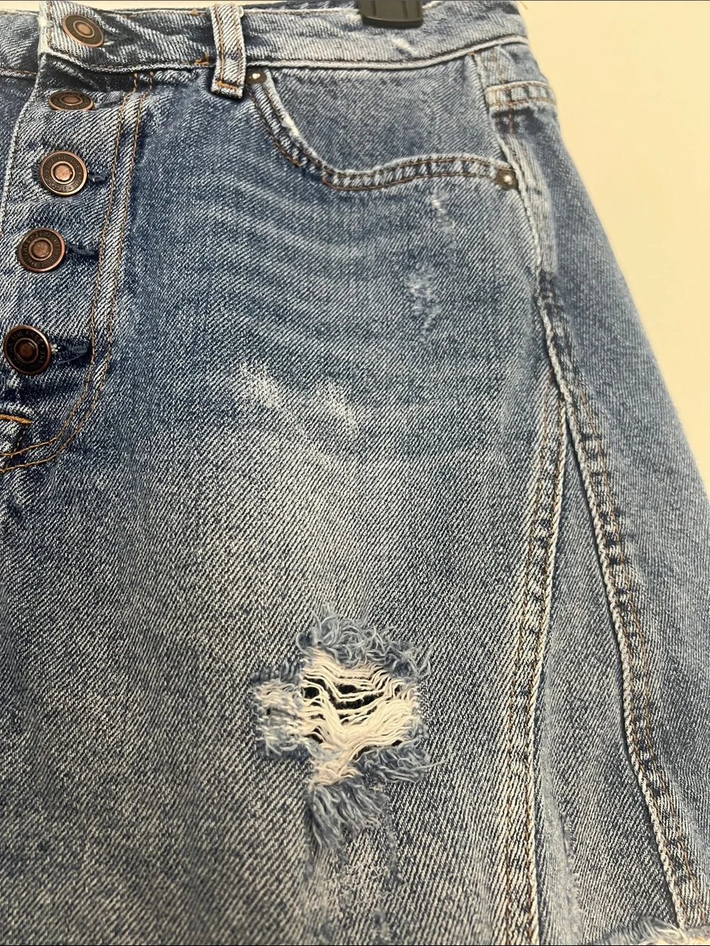 We the Free Distressed Denim Mini button fly Skirt Size 30